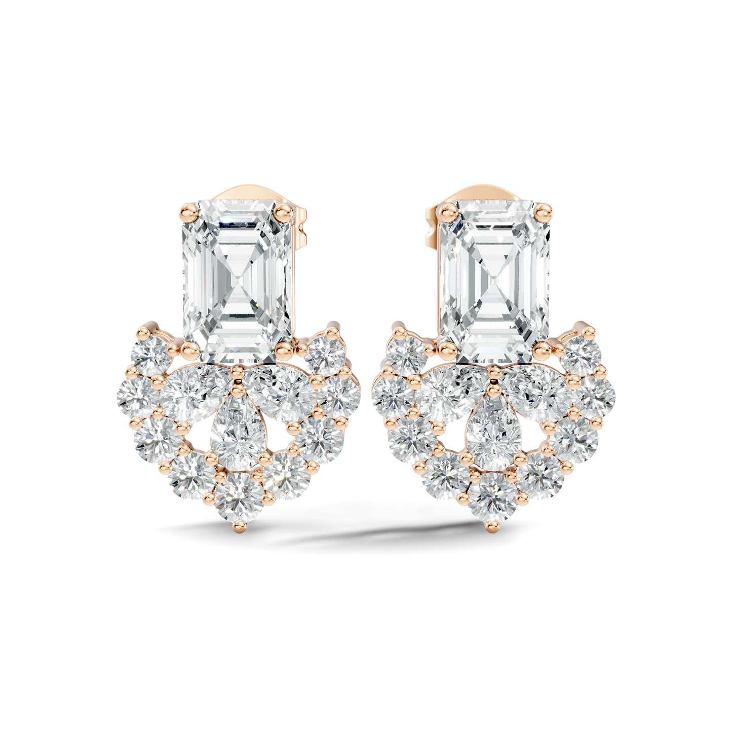 Emerald Cut & Cluster Diamond Stud Earrings In 18K White Gold Luxury Statement Design - HIGHCARAT DIAMONDS