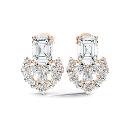 Emerald Cut & Cluster Diamond Stud Earrings In 18K White Gold Luxury Statement Design - HIGHCARAT DIAMONDS