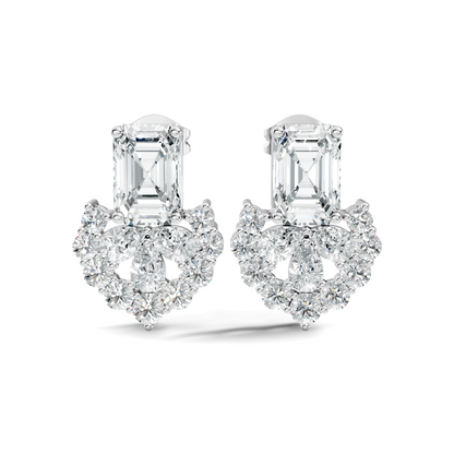 Emerald Cut & Cluster Diamond Stud Earrings In 18K White Gold Luxury Statement Design - HIGHCARAT DIAMONDS