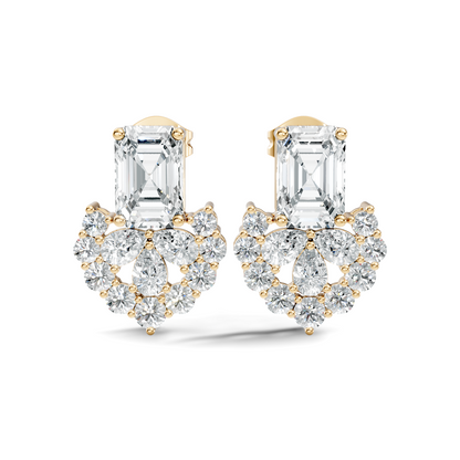 Emerald Cut & Cluster Diamond Stud Earrings In 18K White Gold Luxury Statement Design - HIGHCARAT DIAMONDS