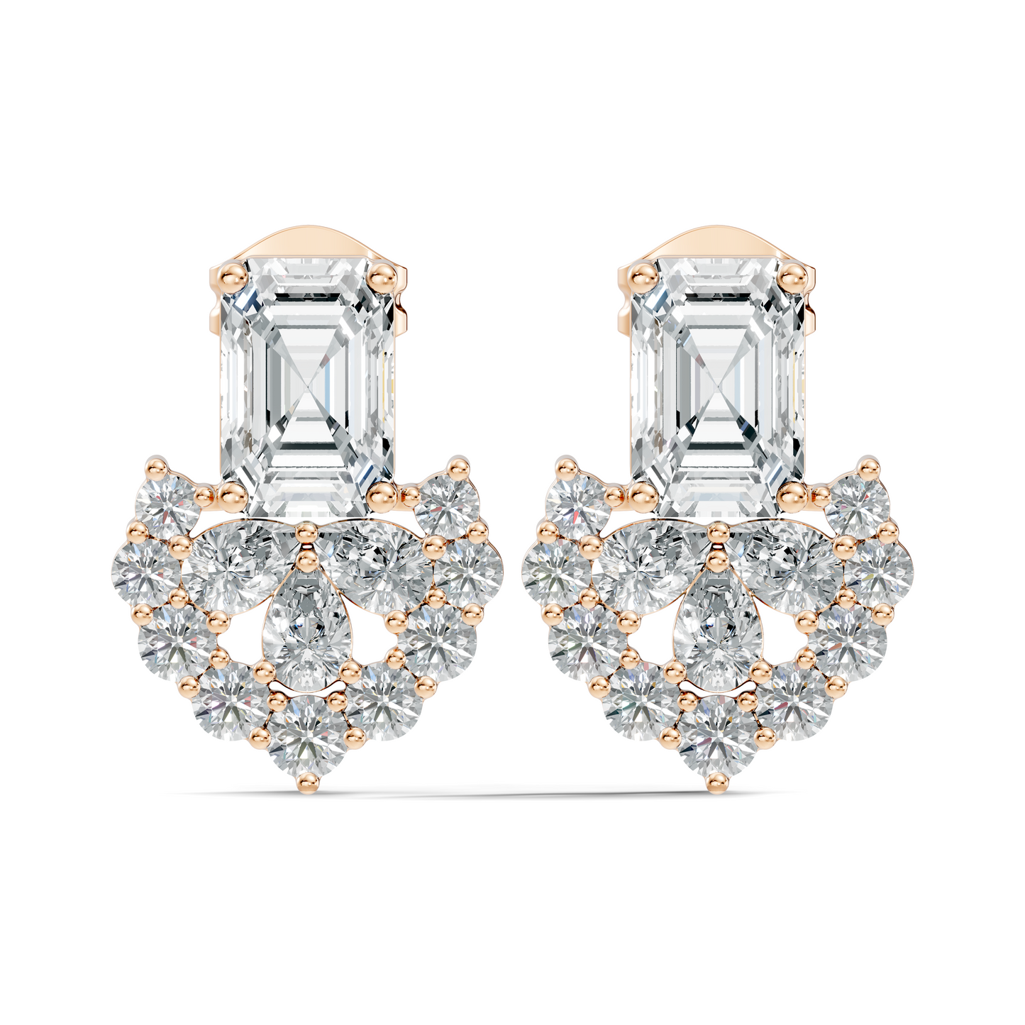 Emerald Cut & Cluster Diamond Stud Earrings In 18K White Gold Luxury Statement Design - HIGHCARAT DIAMONDS