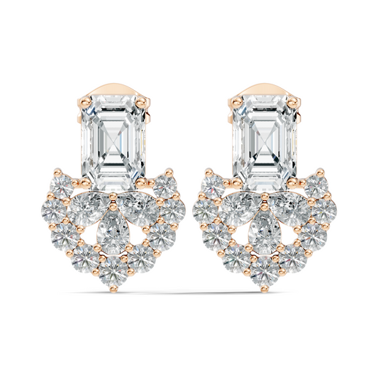 Emerald Cut & Cluster Diamond Stud Earrings In 18K White Gold Luxury Statement Design - HIGHCARAT DIAMONDS