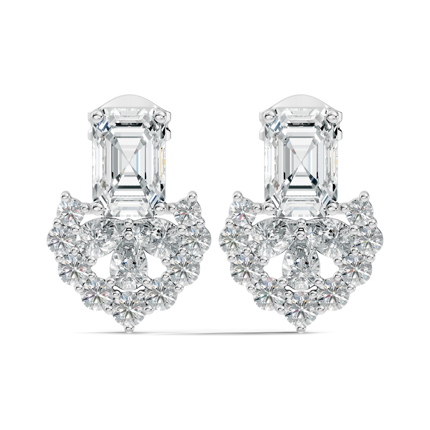 Emerald Cut & Cluster Diamond Stud Earrings In 18K White Gold Luxury Statement Design - HIGHCARAT DIAMONDS