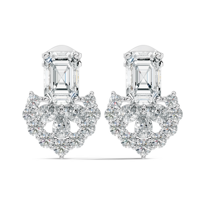 Emerald Cut & Cluster Diamond Stud Earrings In 18K White Gold Luxury Statement Design - HIGHCARAT DIAMONDS