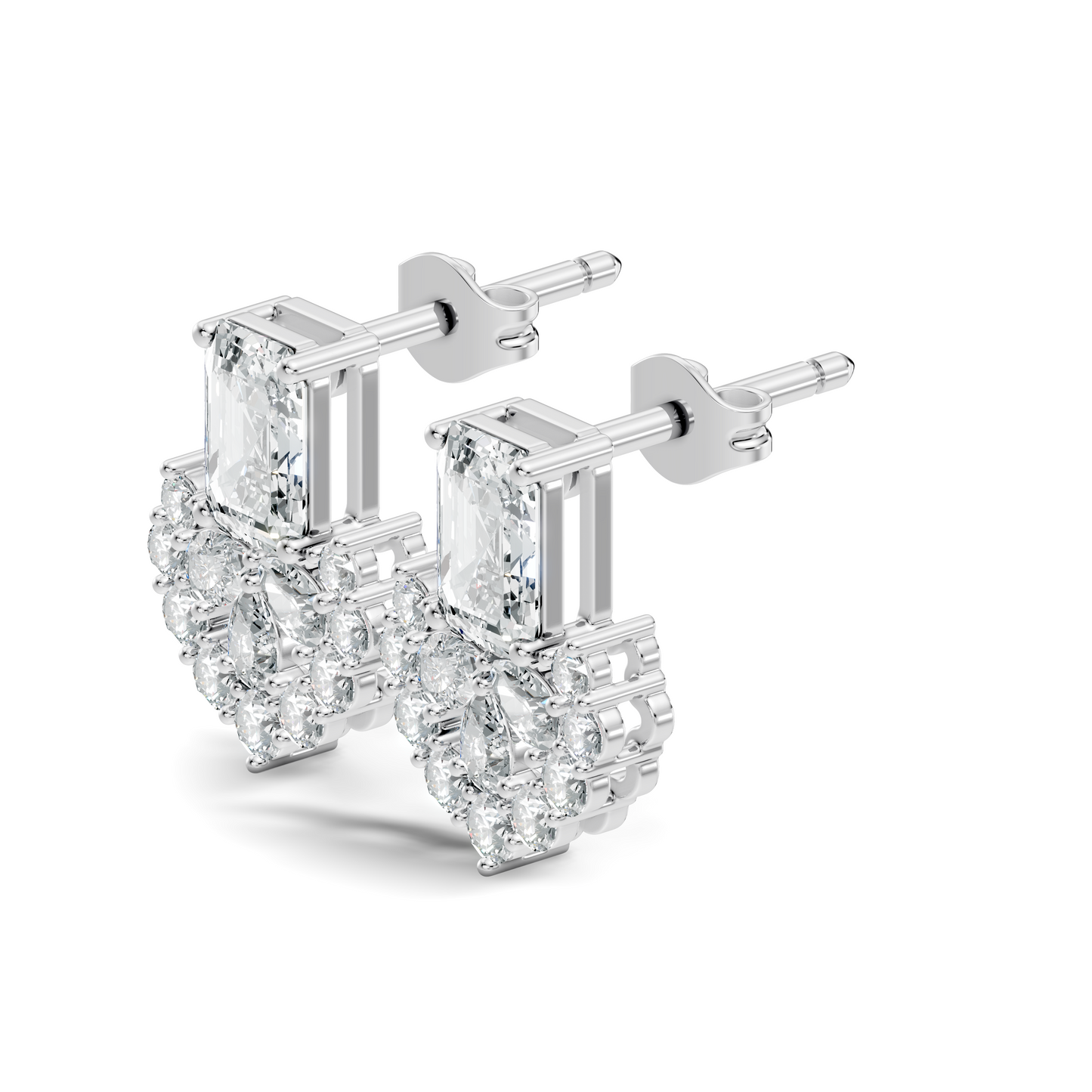 Emerald Cut & Cluster Diamond Stud Earrings In 18K White Gold Luxury Statement Design - HIGHCARAT DIAMONDS