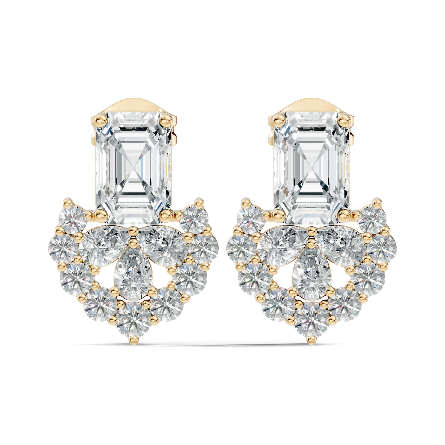 Emerald Cut & Cluster Diamond Stud Earrings In 18K White Gold Luxury Statement Design - HIGHCARAT DIAMONDS