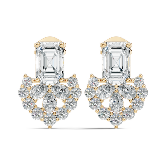 Emerald Cut & Cluster Diamond Stud Earrings In 18K White Gold Luxury Statement Design - HIGHCARAT DIAMONDS