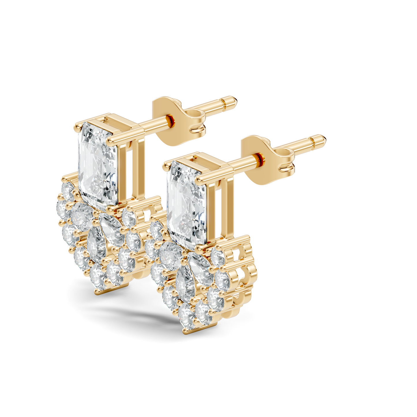 Emerald Cut & Cluster Diamond Stud Earrings In 18K White Gold Luxury Statement Design - HIGHCARAT DIAMONDS