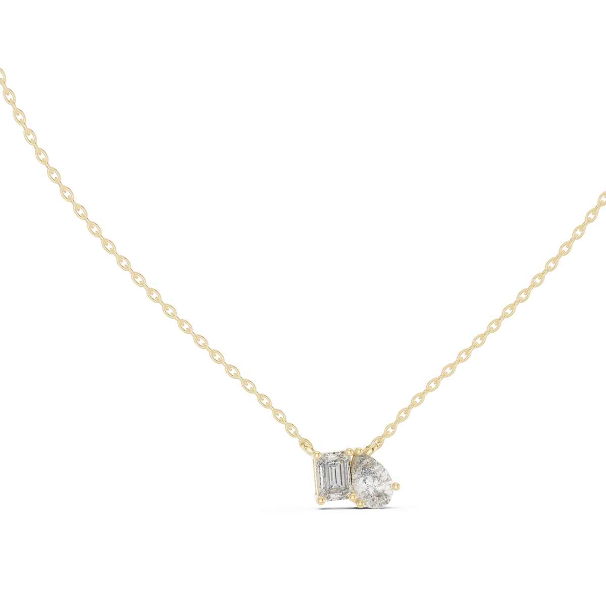 Emerald and Pear Two Stone Solitaire Lab Grown Diamond Pendant Front View