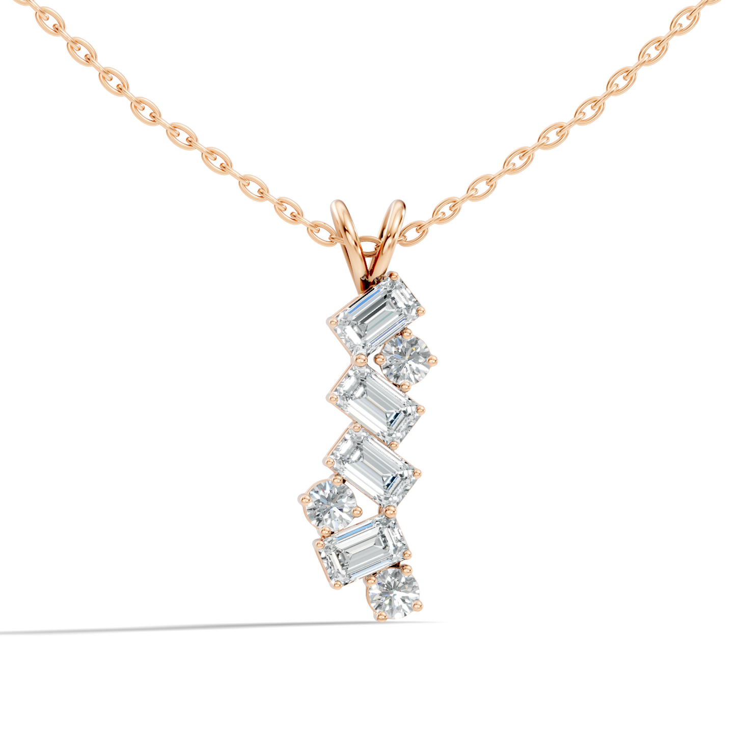 Yellow gold vertical pendant necklace with emerald and round diamond design
