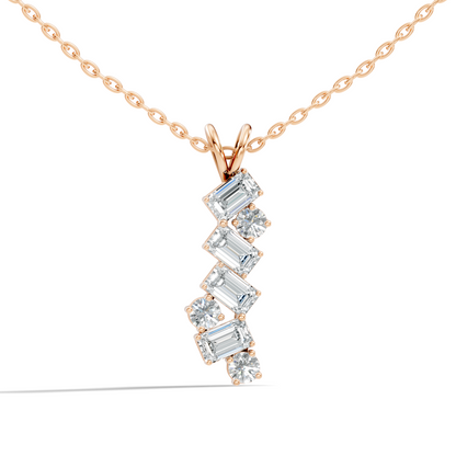 Yellow gold vertical pendant necklace with emerald and round diamond design