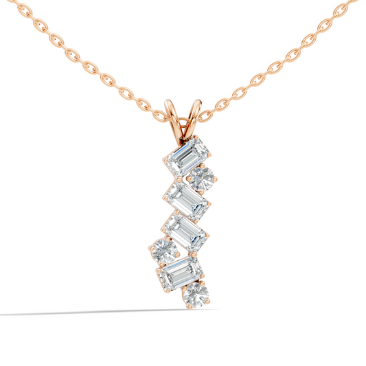 Yellow gold vertical pendant necklace with emerald and round diamond design