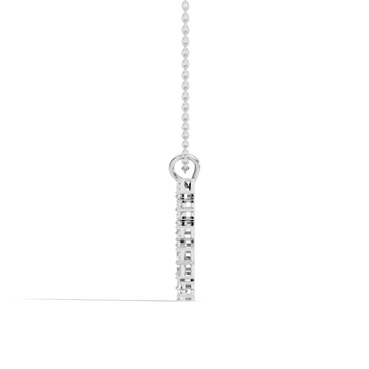 Side profile of emerald and round diamond pendant with vertical setting