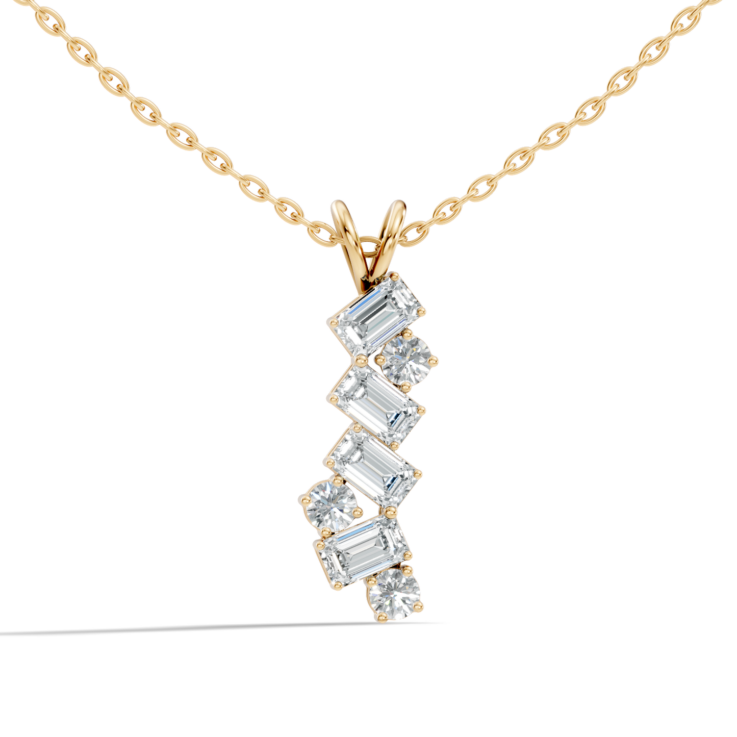 Front view of emerald and round cut lab diamond vertical pendant in rose gold