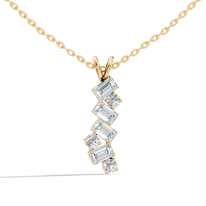 Front view of emerald and round cut lab diamond vertical pendant in rose gold