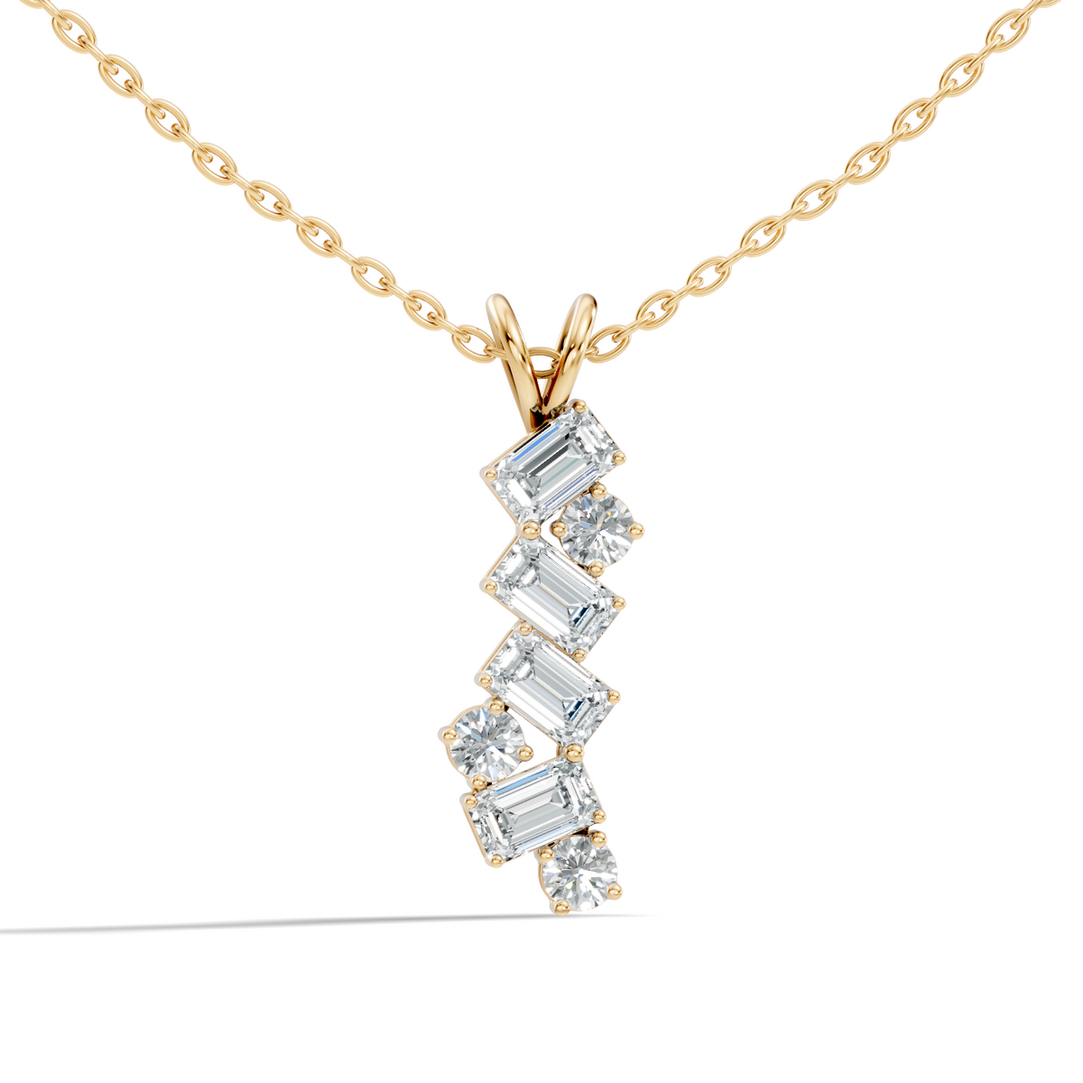 Front view of emerald and round cut lab diamond vertical pendant in rose gold