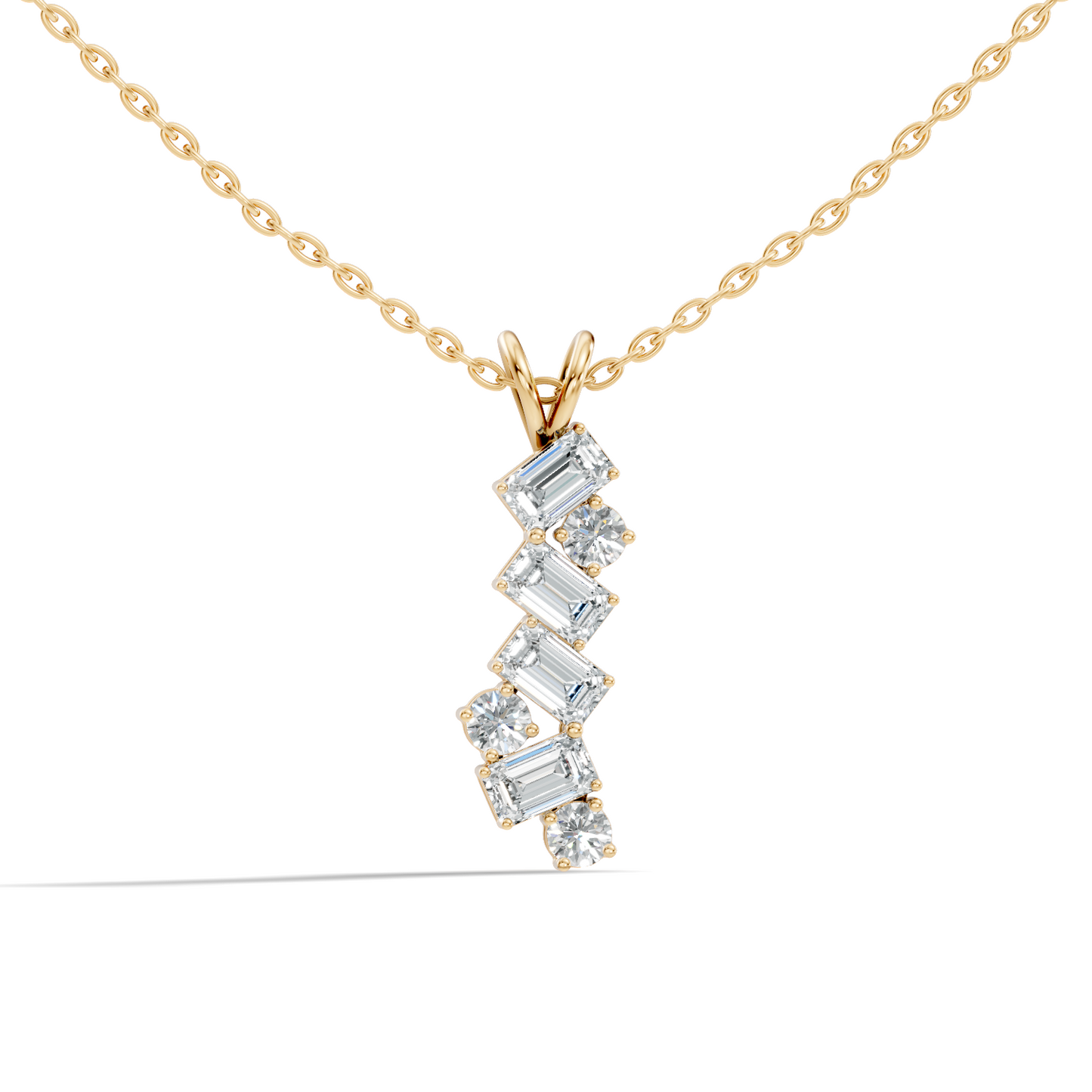 Close up of emerald cut lab diamonds with round accent stone details