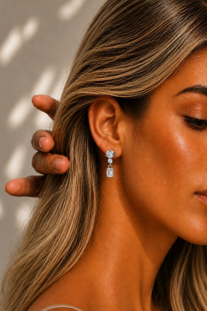 Emerald & Round Cut Three Stone Drops Lab Grown Diamond Earring - HIGHCARAT DIAMONDS