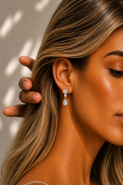 Emerald & Round Cut Three Stone Drops Lab Grown Diamond Earring - HIGHCARAT DIAMONDS