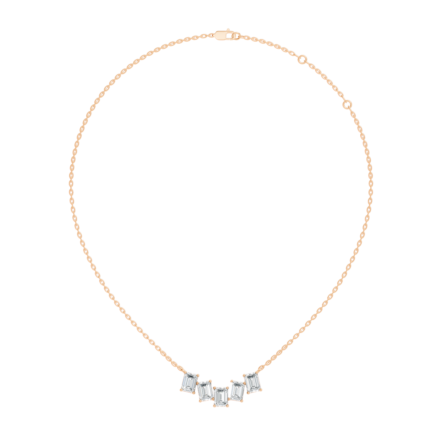 Emerald cut diamond station necklace with five stone layout