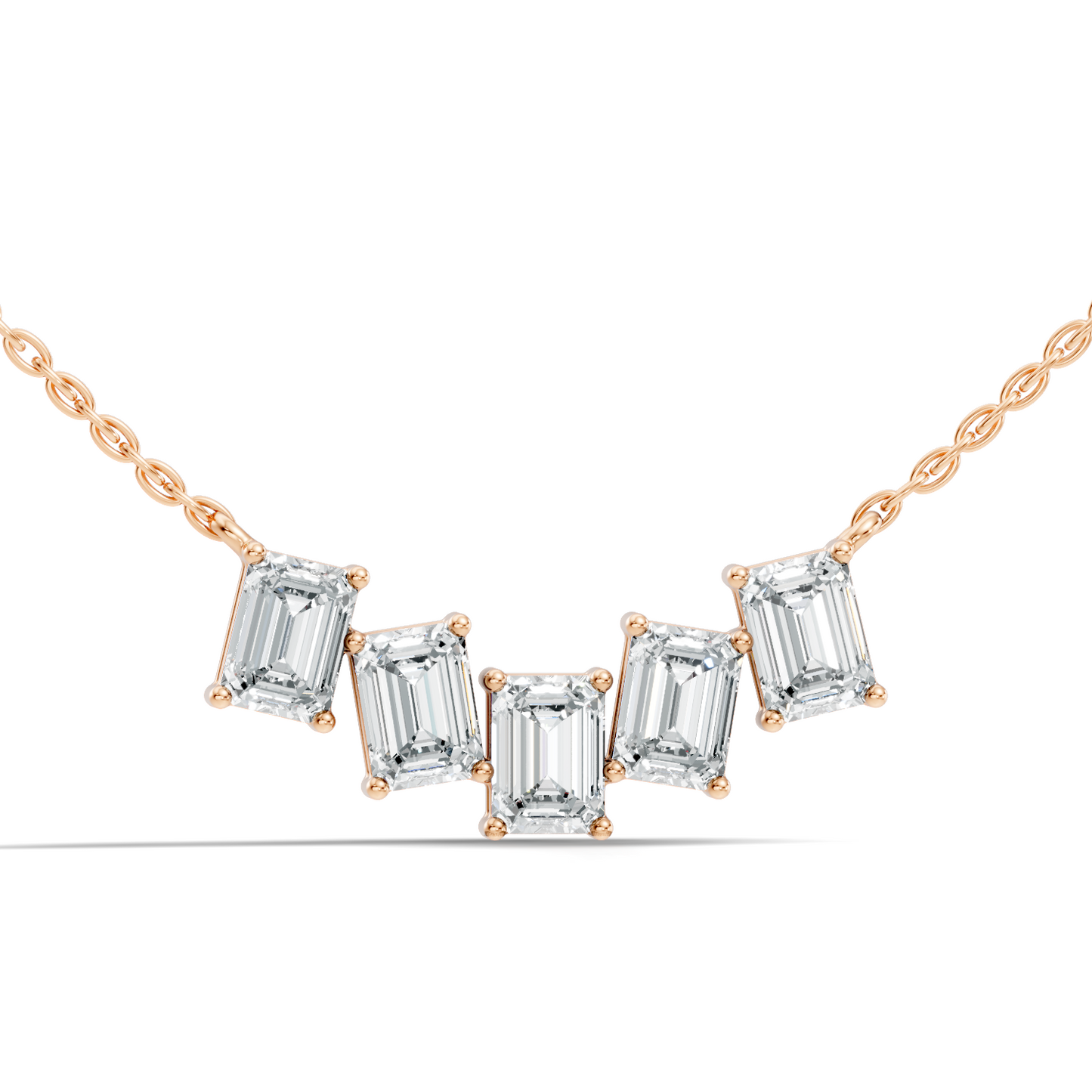 Five emerald cut lab grown diamond bar necklace in rose gold