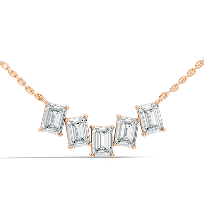 Five emerald cut lab grown diamond bar necklace in rose gold
