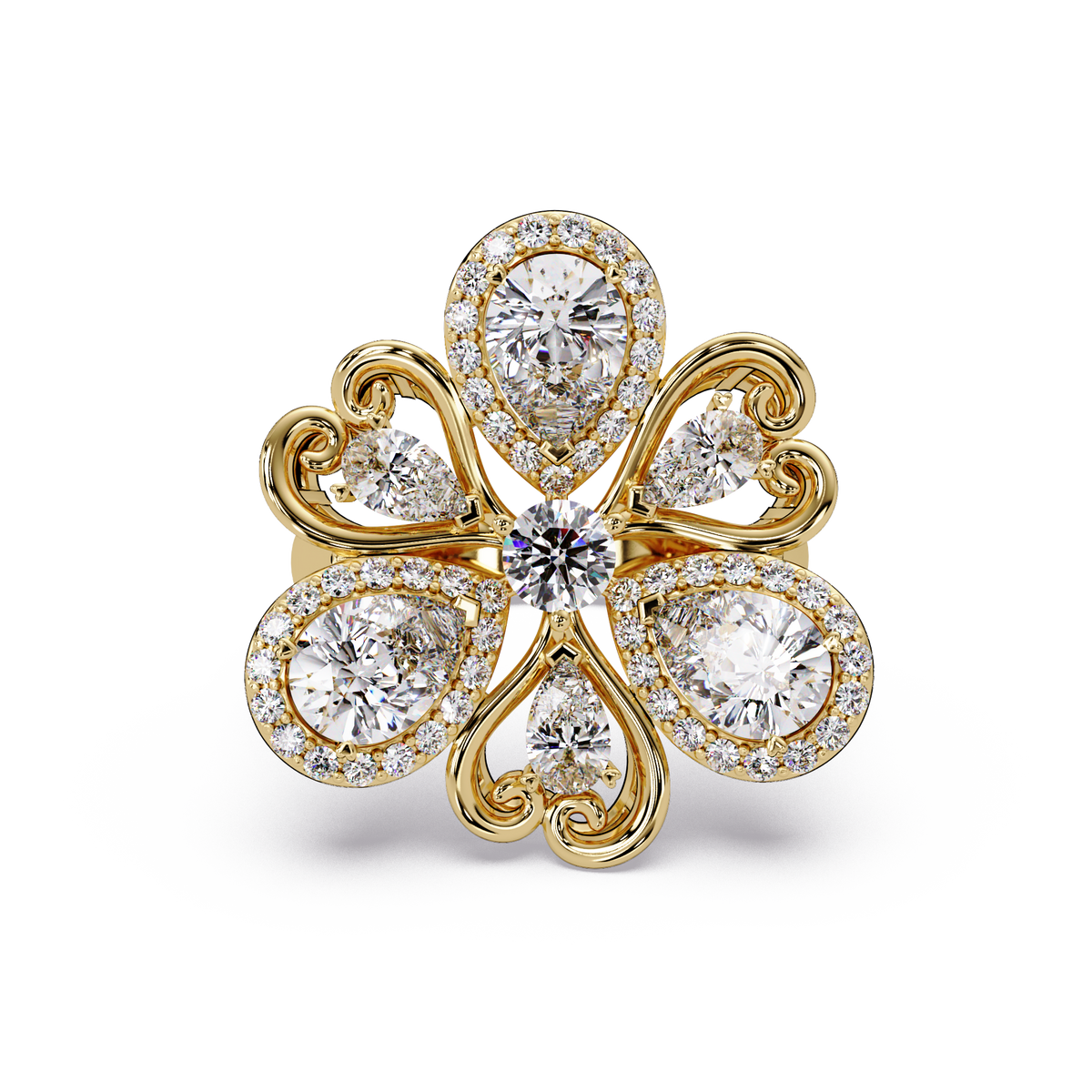 Floral Cluster Lab Grown Multi Pear Diamond Halo Ring - HIGHCARAT DIAMONDS