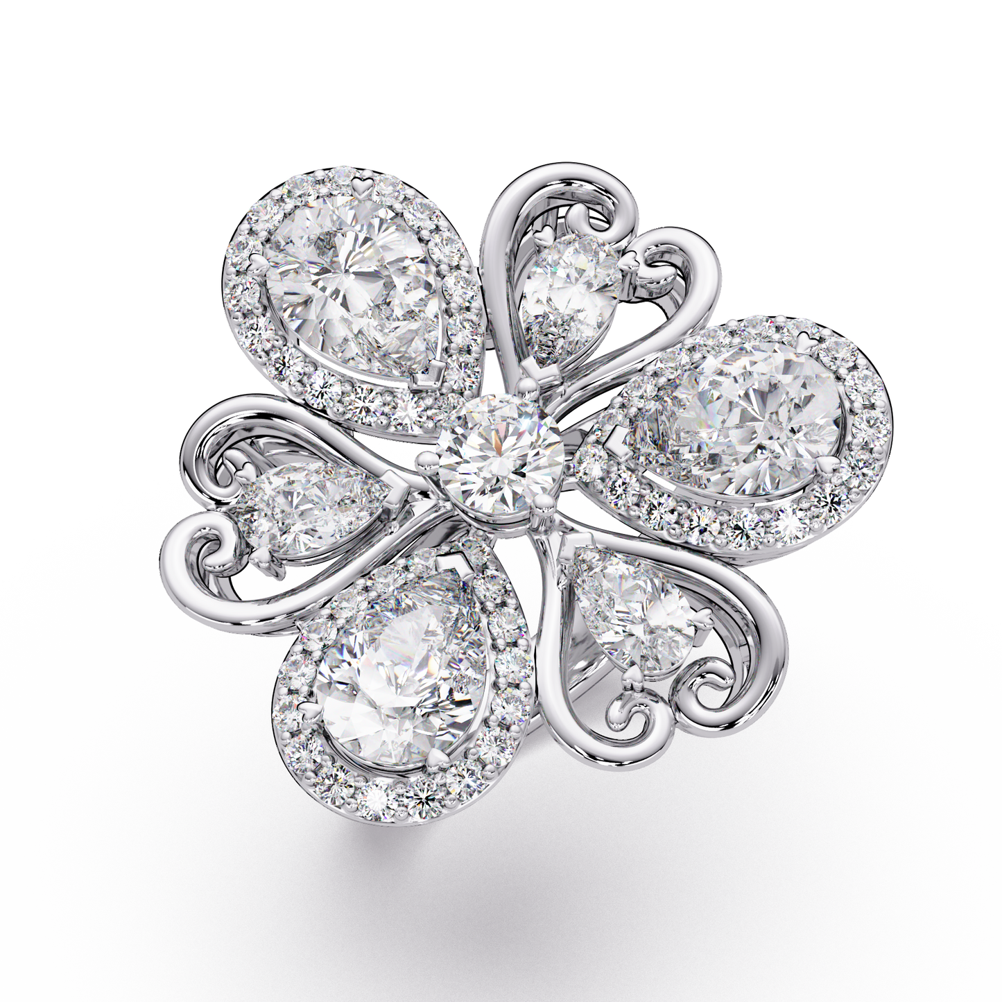 Floral Cluster Lab Grown Multi Pear Diamond Halo Ring - HIGHCARAT DIAMONDS