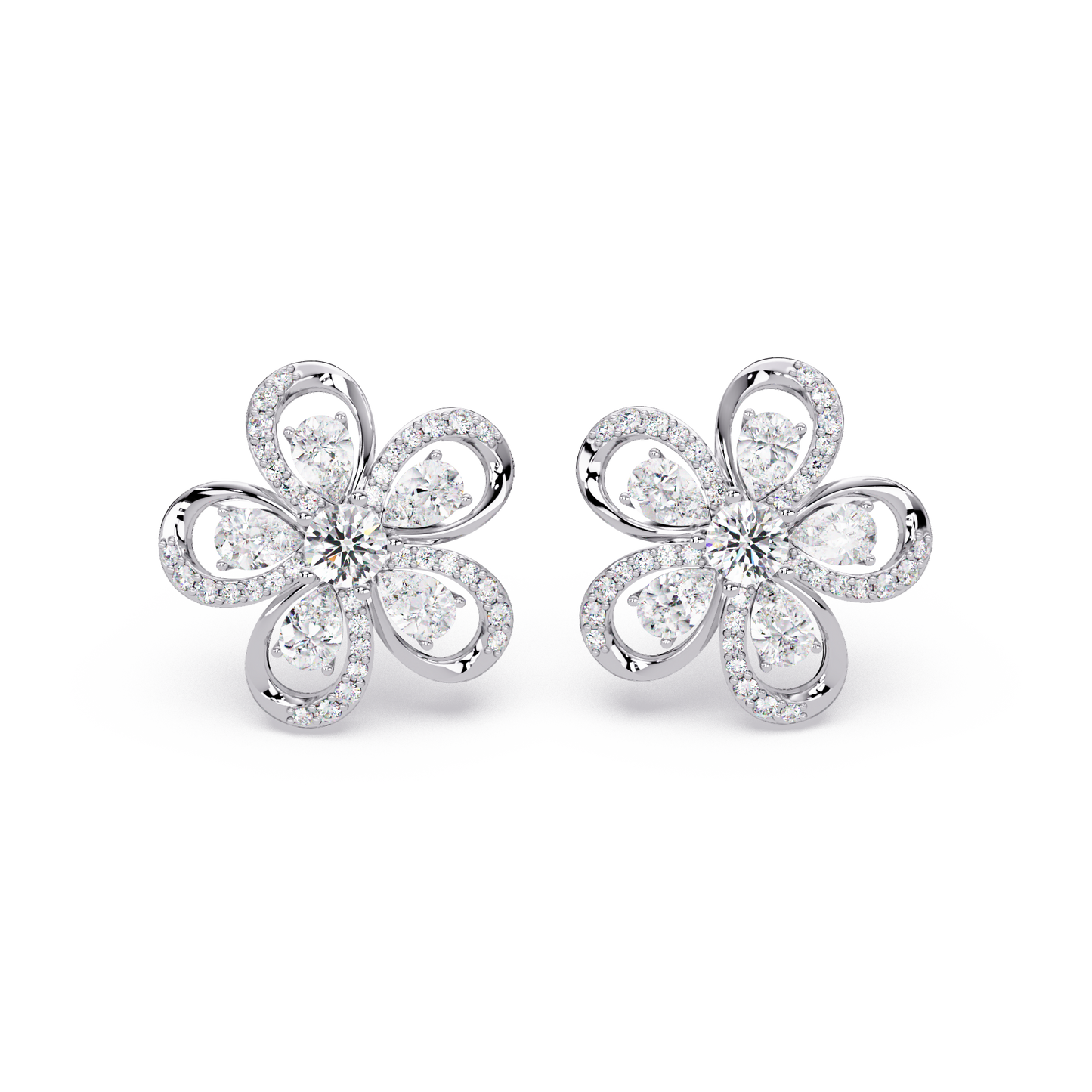 Floral Loop Lab Grown Diamond Stud Earrings with Pear Accents - HIGHCARAT DIAMONDS