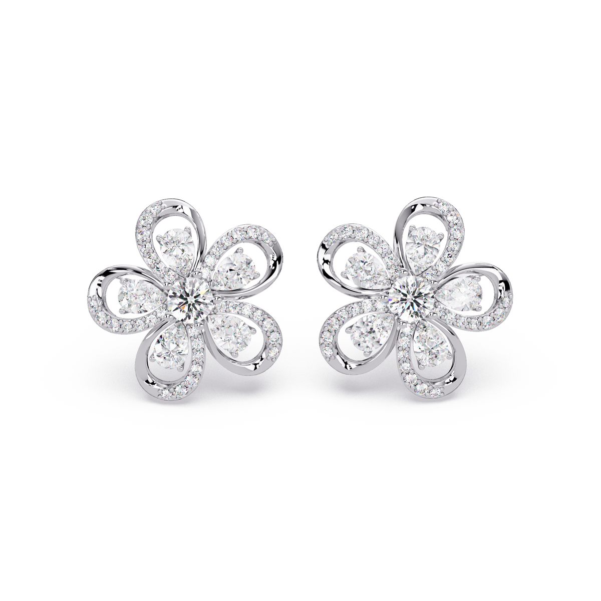 Front view of floral loop lab grown diamond stud earrings with pear details