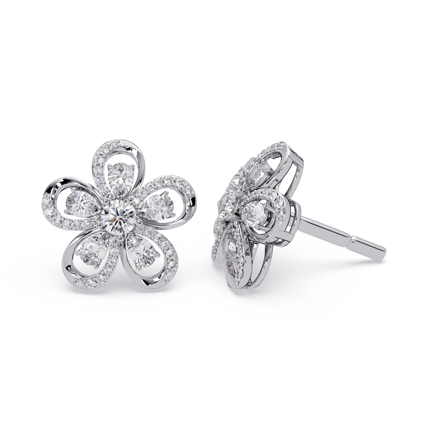 Floral Loop Lab Grown Diamond Stud Earrings with Pear Accents - HIGHCARAT DIAMONDS