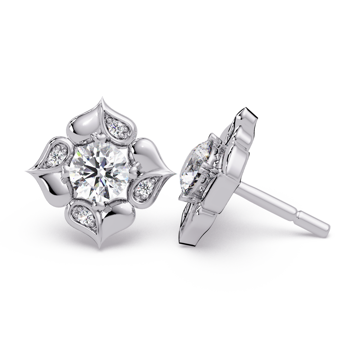 Floral Round Lab Grown Diamond Petal Stud Earrings - HIGHCARAT DIAMONDS