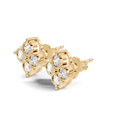 Luxury 14K Labgrown Gold Diamond Stud Earrings Four-Stone Round Bezel Set Cluster Style - HIGHCARAT DIAMONDS