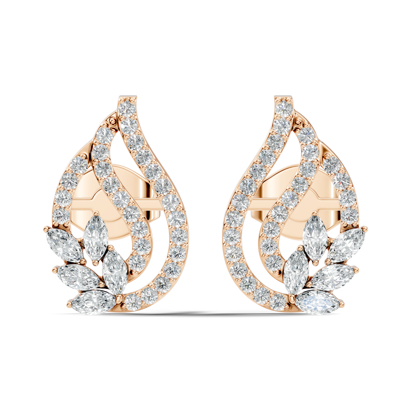 10k Solid White Gold Round And Marquise Shape Lab Grown & Natural Diamond New Style Vintage Minimalist  Diamond Studs Earrings