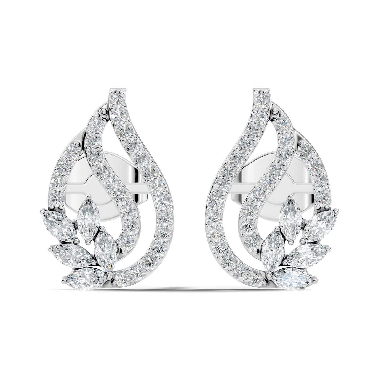 10k Solid White Gold Round And Marquise Shape Lab Grown & Natural Diamond New Style Vintage Minimalist  Diamond Studs Earrings