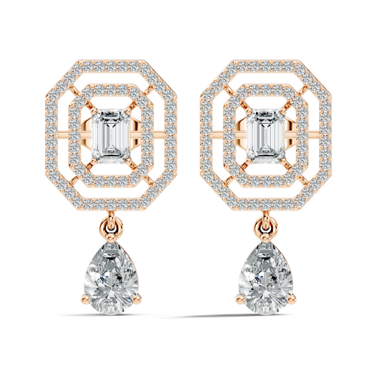 Elegant  2.48 Ct Emerald Cut Diamond Earrings with Pear Drop Accent In 14K Solid Gold