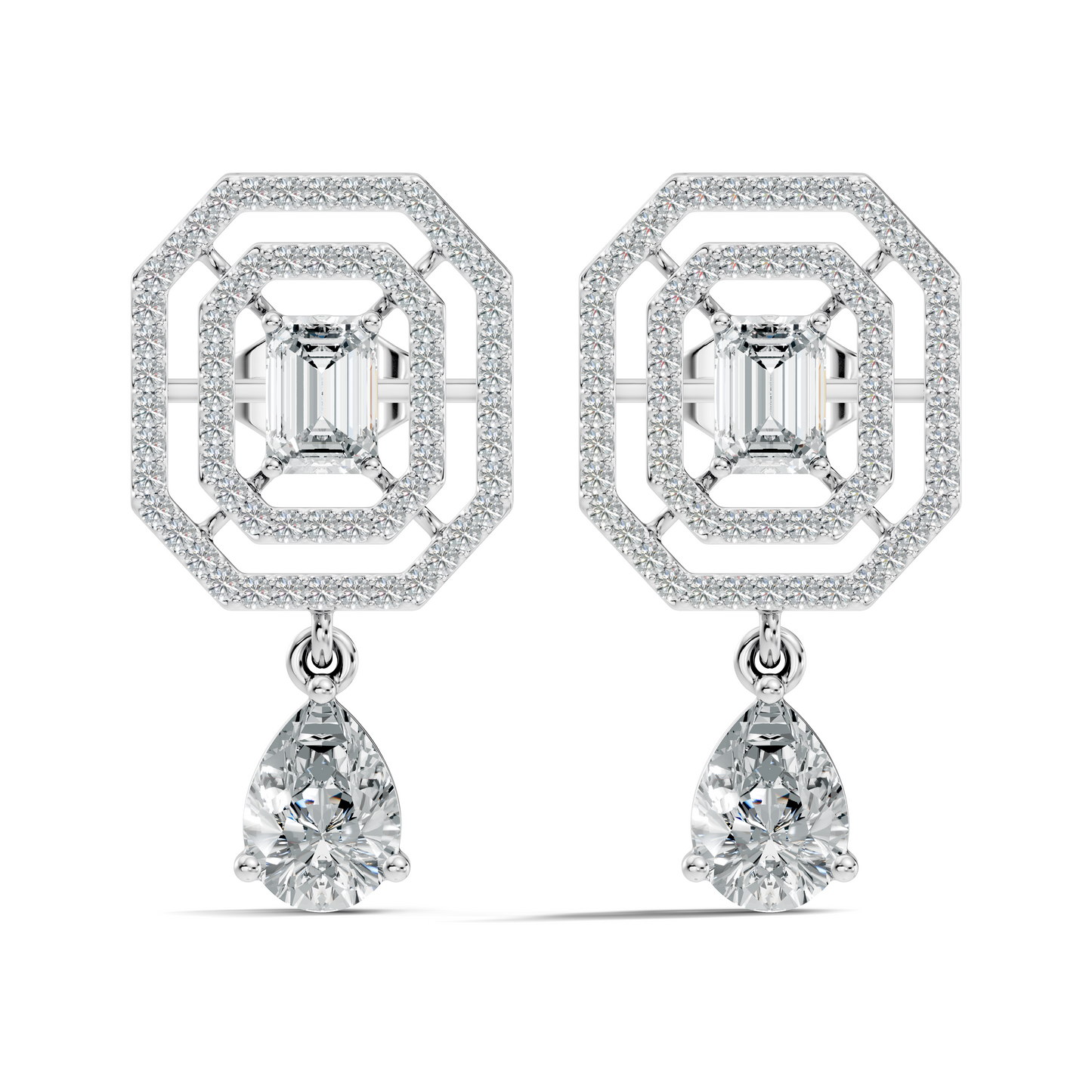 Elegant  2.48 Ct Emerald Cut Diamond Earrings with Pear Drop Accent In 14K Solid Gold