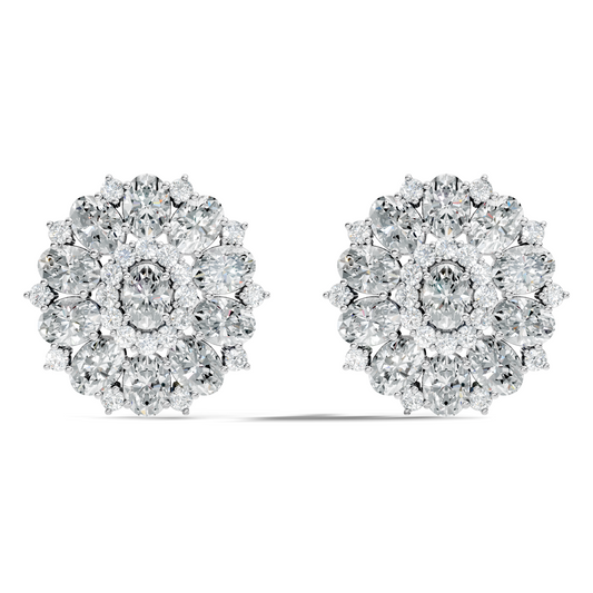 Round & Oval Cut Sparkling Diamond Cluster Earrings For Women In 14K Solid White Gold Earring