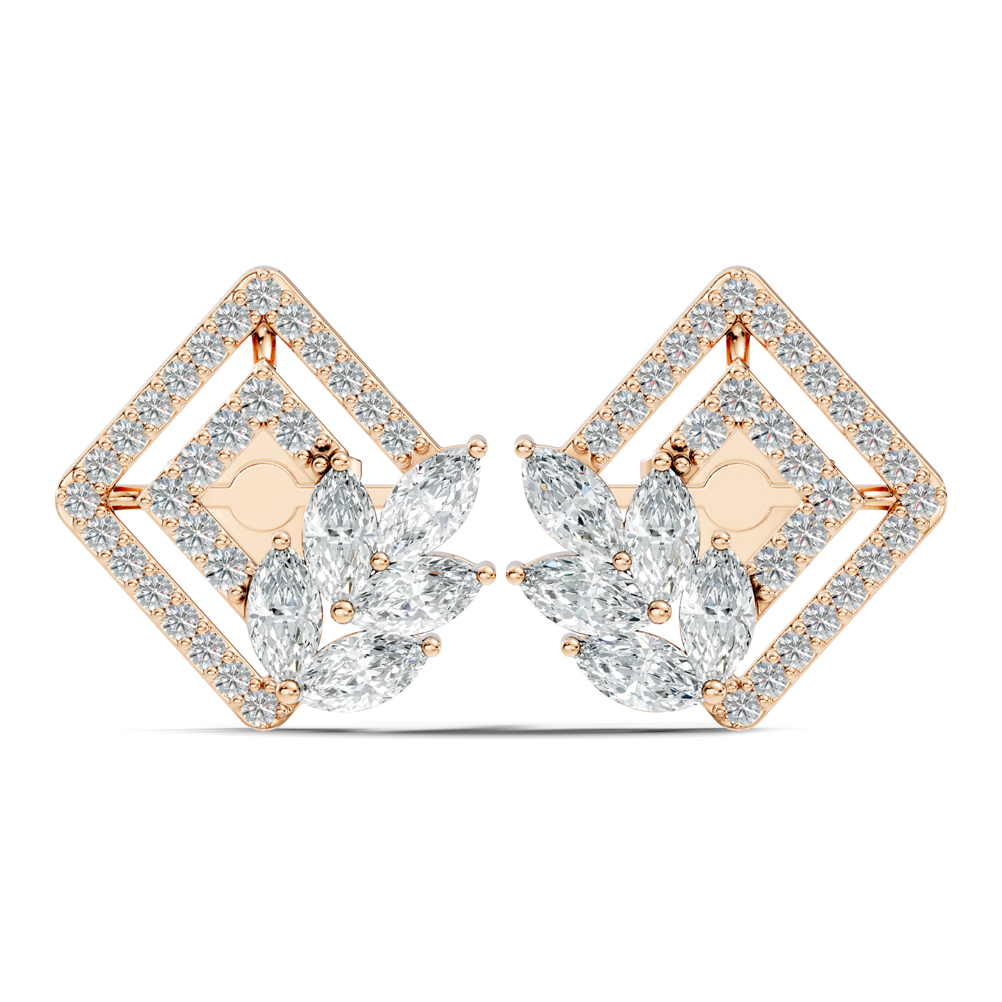 Round & Marquise shape Lab Grown-Natural Diamond 14k Solid Rose Gold Earrings For Women