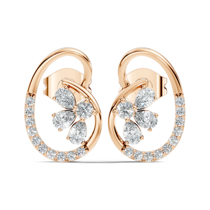 Elegant Oval Frame Floral Pear And Round Diamond Stud Earrings In 14K Solid Rose Gold