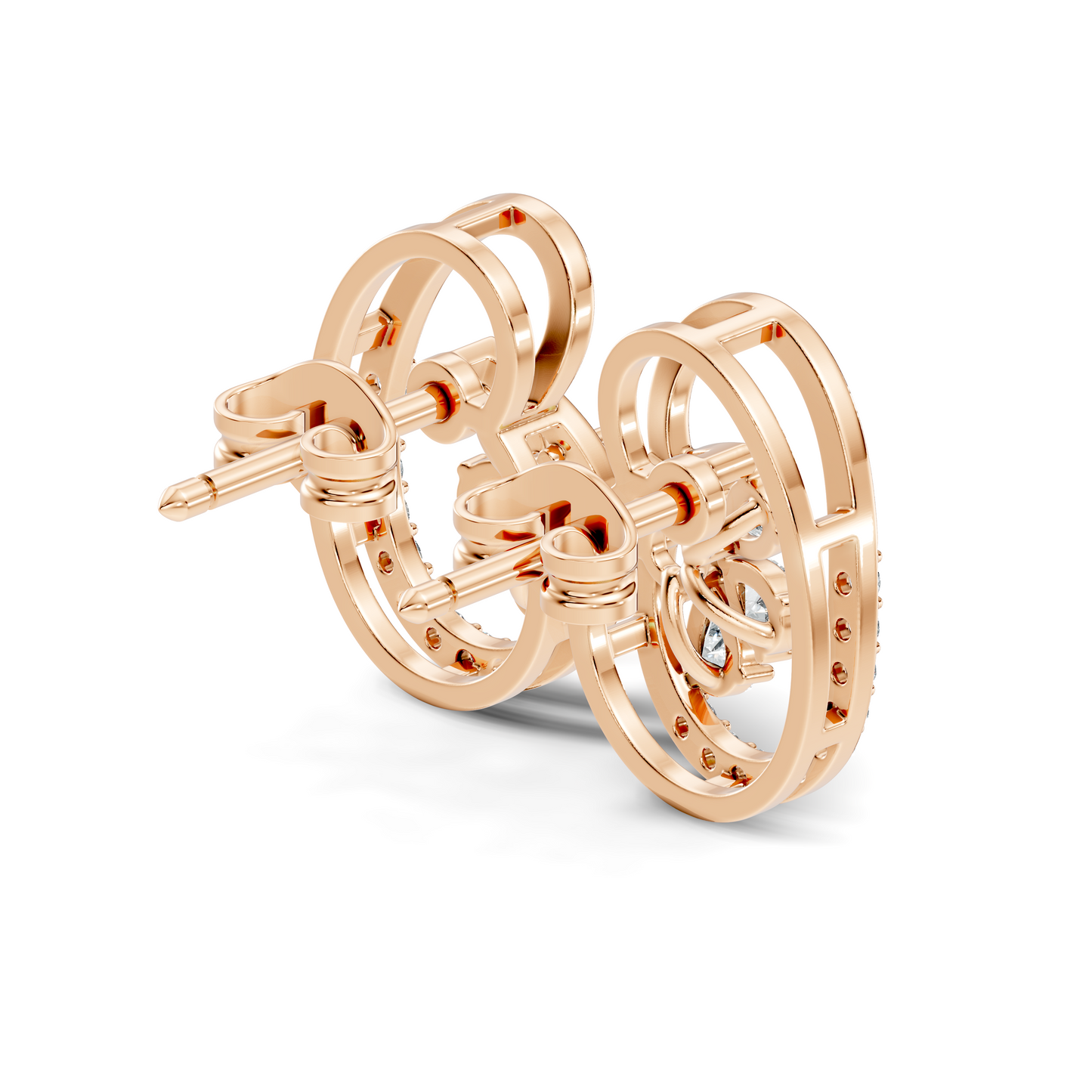 Elegant Oval Frame Floral Pear And Round Diamond Stud Earrings In 14K Solid Rose Gold