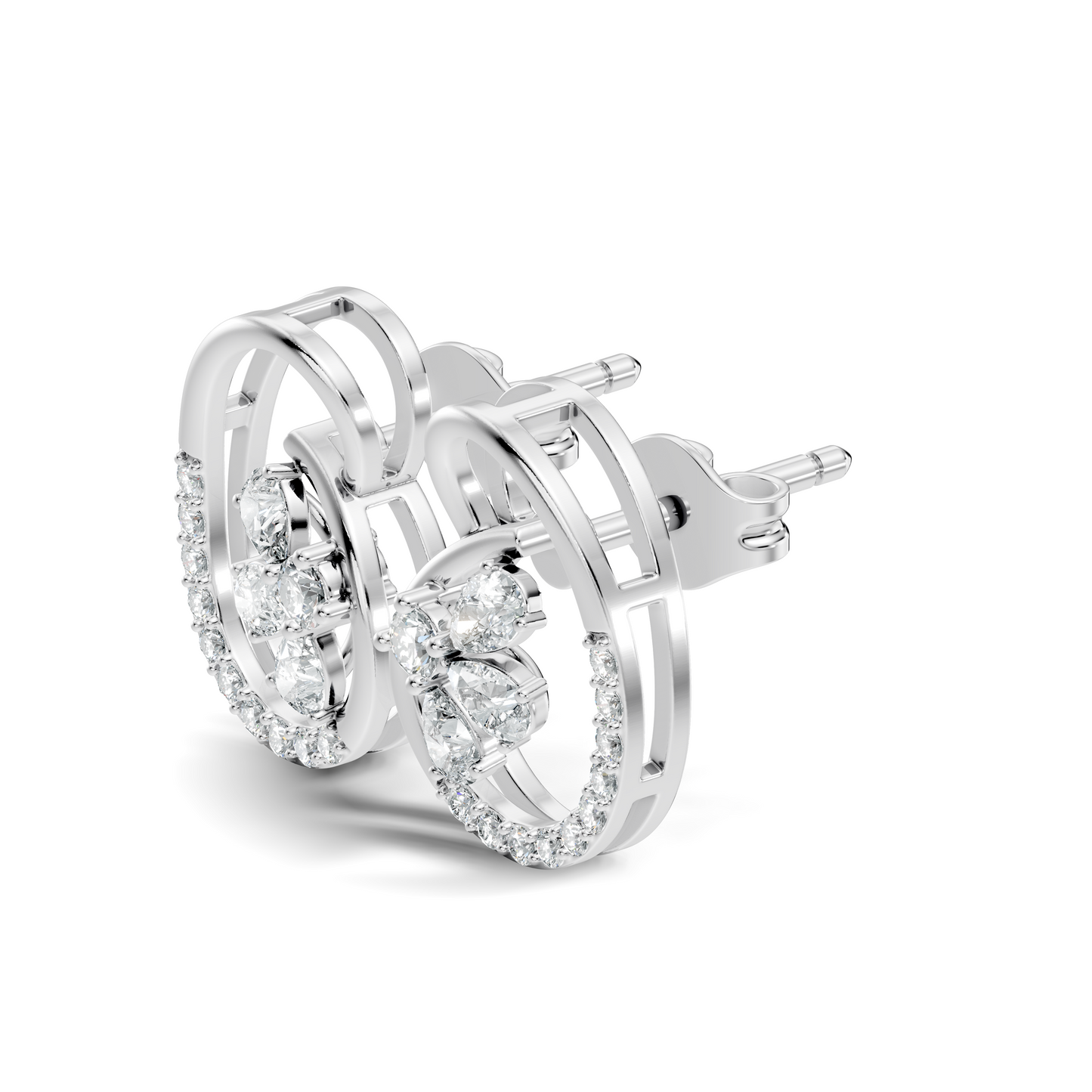 Elegant Oval Frame Floral Pear And Round Diamond Stud Earrings In 14K Solid Rose Gold