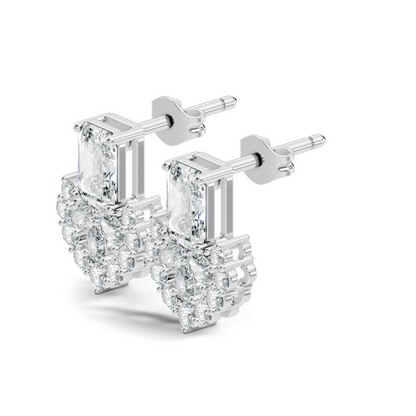Emerald Cut & Cluster Diamond Stud Earrings In 18K White Gold Luxury Statement Design