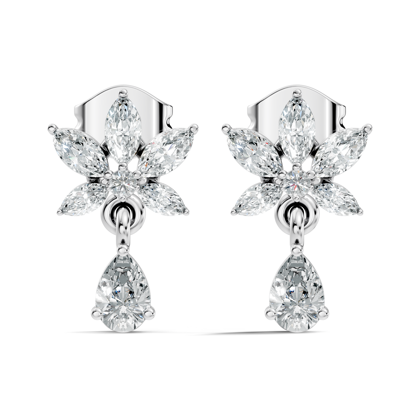 Vintage Marquise And Round Diamond Pear Drop Earring For Her In 14K Solid White Gold