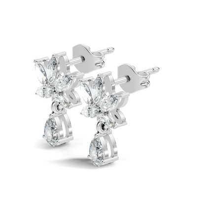 Vintage Marquise And Round Diamond Pear Drop Earring For Her In 14K Solid White Gold