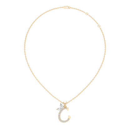 14K Solid Yellow Gold Marquise and Round Cut Diamond C Alphabet Pendant For Her