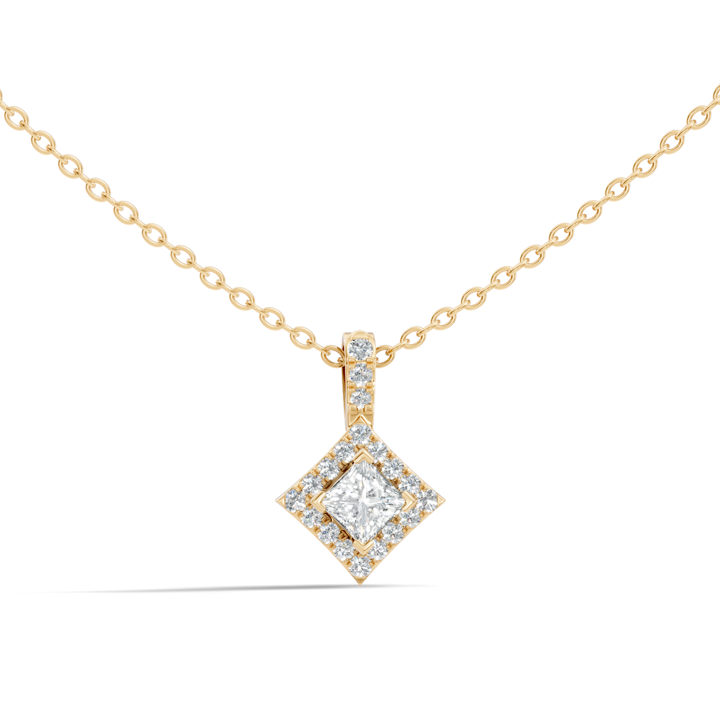 0.61 Carat Princess Cut Diamond Halo Pendant in 14K Yellow Gold for Her