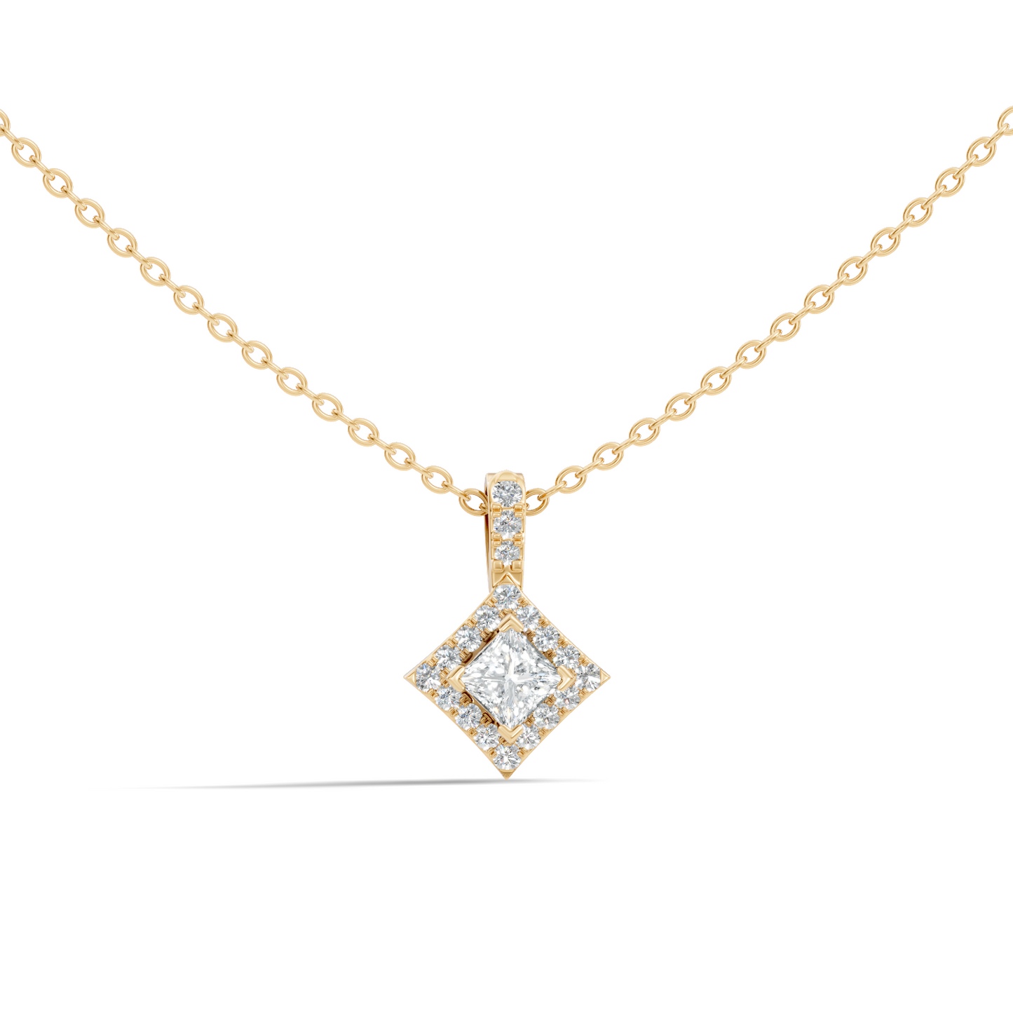 0.61 Carat Princess Cut Diamond Halo Pendant in 14K Yellow Gold for Her