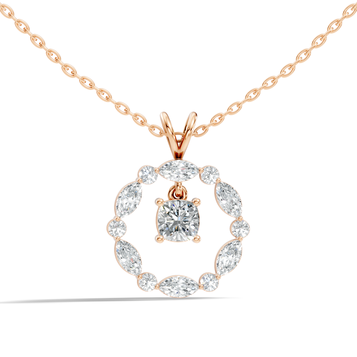 Round Lab-Grown Diamond Circle Pendant For Her Cushion & Marquise Design In 14K Gold