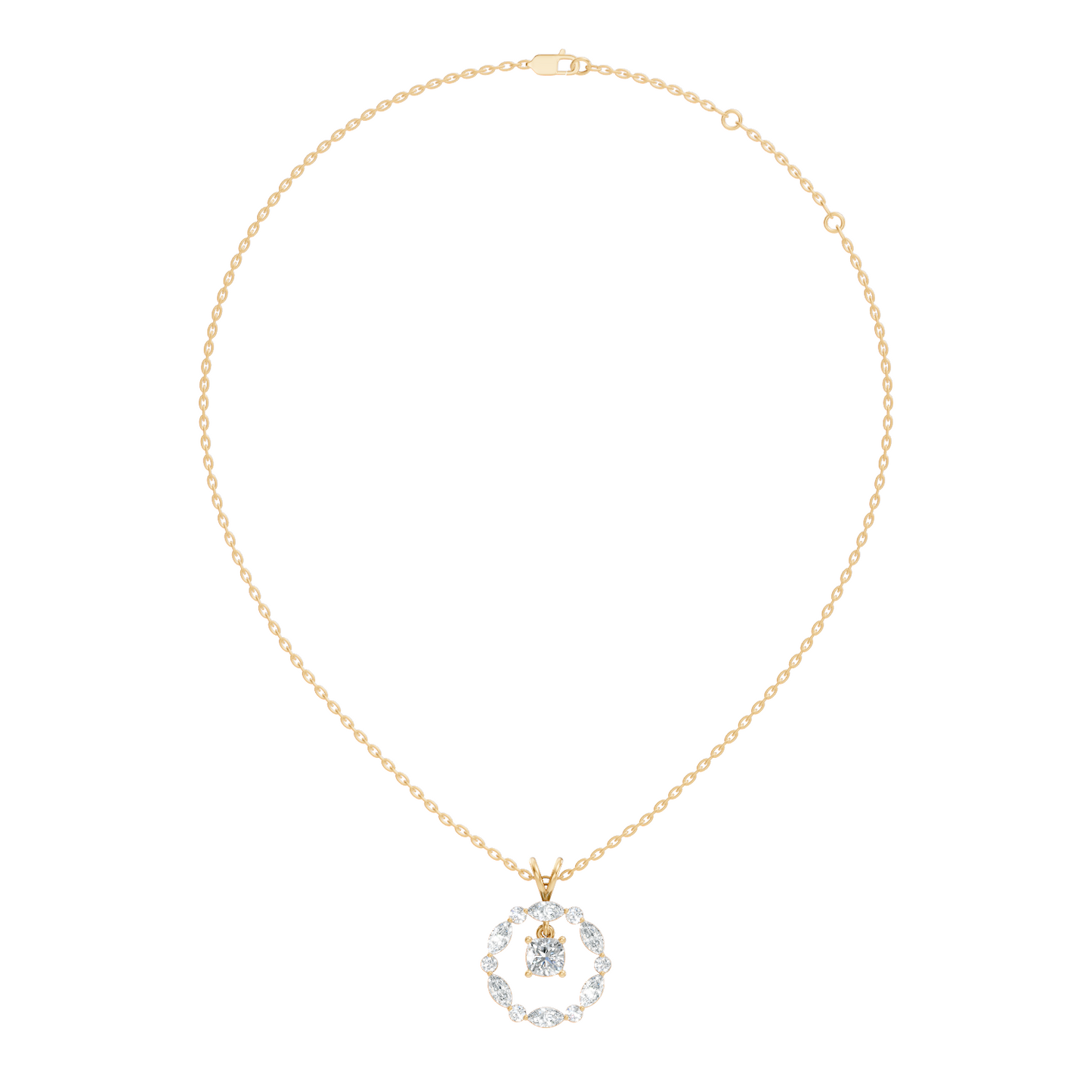Round Lab-Grown Diamond Circle Pendant For Her Cushion & Marquise Design In 14K Gold